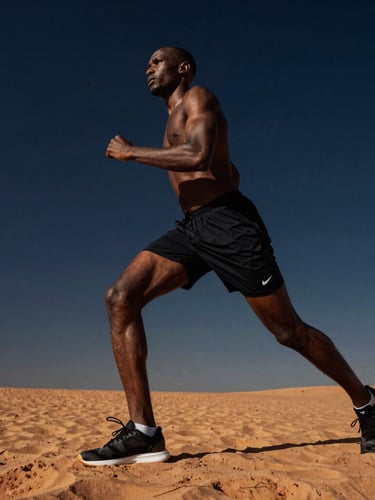 Low-angle heroic shot of a professional West African athlete training under dramatic natural side-lighting, deep navy and warm orange tones, 35mm photography