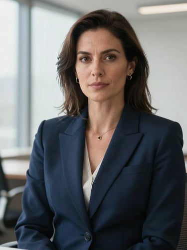 Medium-close portrait of Breenda Stefani, a professional female lawyer in a tailored navy blazer, sitting in a bright, modern office with soft daylight, direct eye contact, projecting absolute authority.