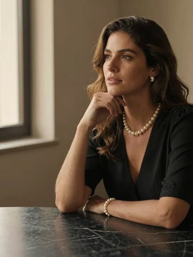 Elegant portrait of Carla Nazário Pinto sitting at a dark marble table, looking poised and thoughtful, soft warm lighting, negative space to the left.