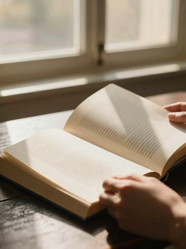 Close-up of hands holding an open book on a dark wooden table, warm golden-hour window light, soft shadows, editorial style, 35mm