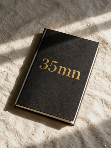 Elegant flat-lay of a physical book with a dark cover and gold lettering on a pearl-colored linen surface, warm editorial lighting, 35mm