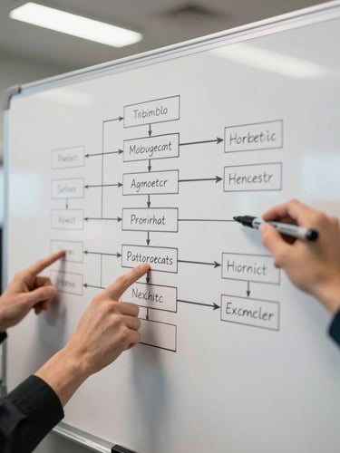 Close-up overhead view of a whiteboard covered in system architecture diagrams mid-session, marker lines and boxes clearly legible, two sets of hands visible at the edges pointing at sections, harsh office fluorescent light