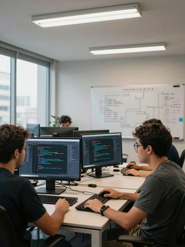 Wide environmental shot of a small software team's office in São Paulo, two developers at monitors with deployed code visible on screens, overhead fluorescent and window daylight, whiteboard with diagrams in the background, no staged poses