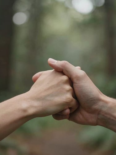 Close-up detail of a young couple's hands gently clasped together, soft morning light filtering through trees, warm and organic feel.