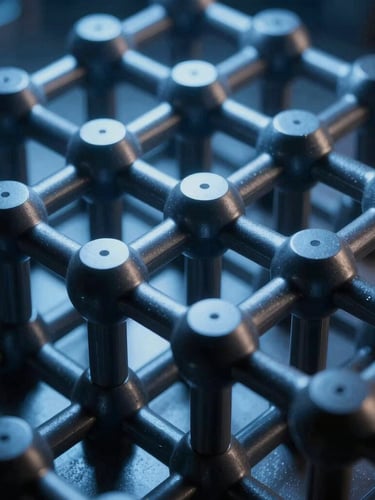 Abstract 3D molecular lattice, cold blue synthetic light casting sharp shadows on dark matte metallic structure, microscopic precision framing, high-tech laboratory aesthetic.