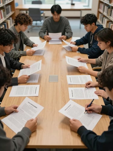Overhead wide-angle view of a meeting table in a community library, several young adults reading printed legal documents, natural overhead institutional light, papers spread across the table, no faces in focus