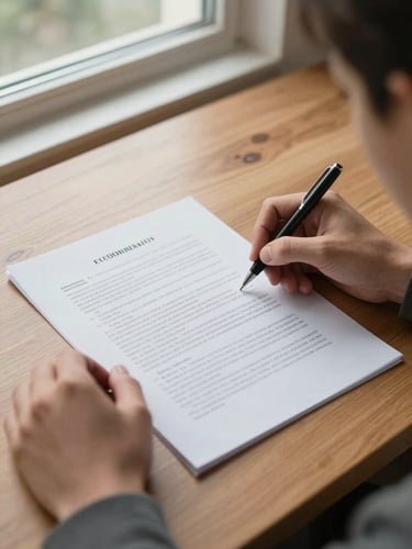 Wide environmental shot from above — two hands writing carefully on an official legal document laid flat on a wooden table, natural daylight from a nearby window, a pen in motion, text lines visible on the paper, quiet institutional setting