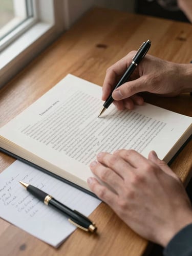 Close-up overhead shot of hands turning pages of a printed constitutional document on a wooden desk, a pen resting alongside handwritten margin notes, natural window light falling from the left, no faces visible
