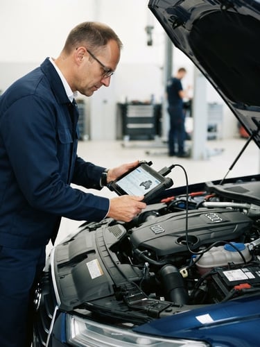 A professional inspector in clean navy apparel using a diagnostic tablet to scan a modern vehicle engine bay under bright daylight, 35mm