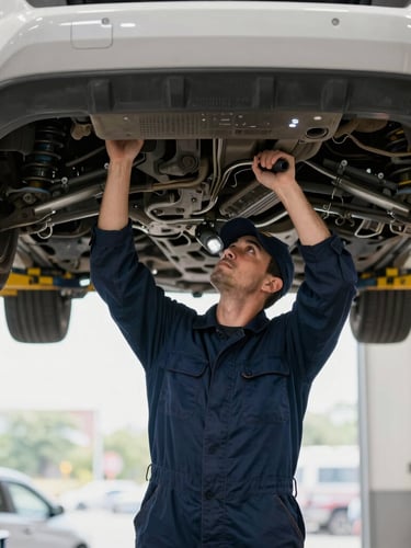 A professional inspector in clean navy blue apparel climbing under a vehicle chassis in a brightly lit Houston garage bay, checking suspension components with a flashlight.