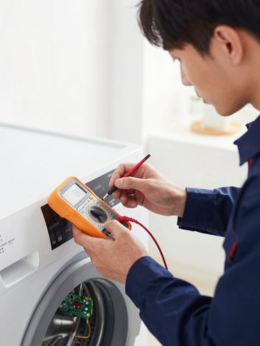 A close-up shot of a technician in a clean navy uniform using a digital multimeter to test a green circuit board inside a modern washing machine, bright natural indoor lighting, 35mm.
