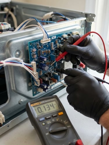 Crisp technical close-up of hands using a precise diagnostic multimeter on an open washing machine control board, bright natural daylight, clean metallic and blue tones, sharp focus, 35mm