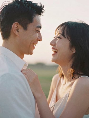 Warm editorial photography of a couple sharing a candid laugh during golden hour, soft focus, luminous pastel tones, shallow depth of field, 35mm film style.