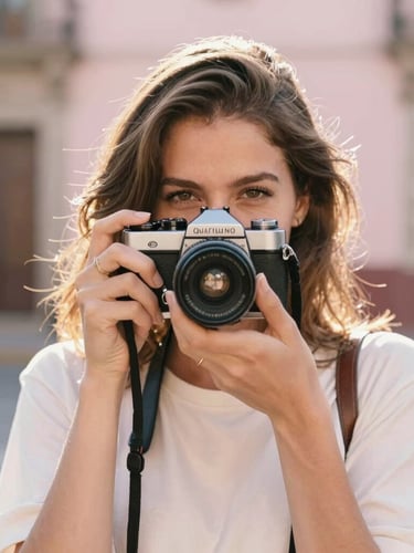 Portrait of a female photographer with a warm smile, holding a vintage camera, soft natural light, outdoor setting in Querétaro, warm tones