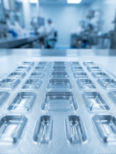 Macro photograph of sterile metallic silver cold-form blister packaging under clinical blue lighting, sharp focus on precision-engineered foil cavities, cleanroom environment, 35mm