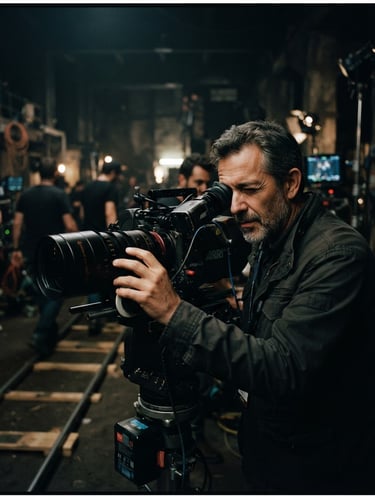 Cinematic film photography of director Miguel G. Bernal on set, looking through an anamorphic lens, high contrast, muted color palette, editorial style.