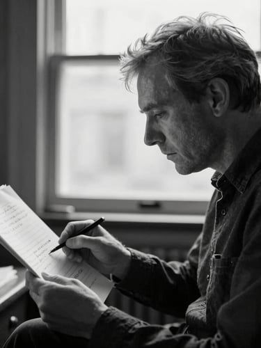 Black and white editorial portrait of a film director analyzing a printed script with handwritten notes, soft window light, cinematic contrast.