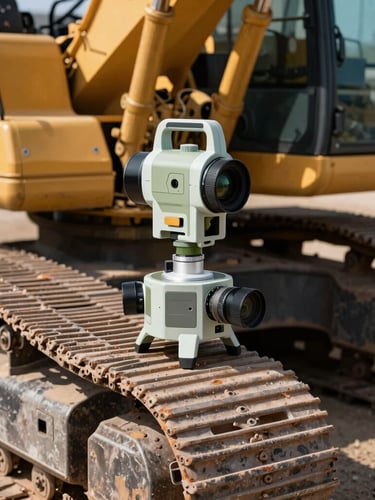 Tight macro shot of GPS surveying equipment mounted on a heavy excavator tread, high-noon harsh sunlight, deep shadows highlighting the steel texture.