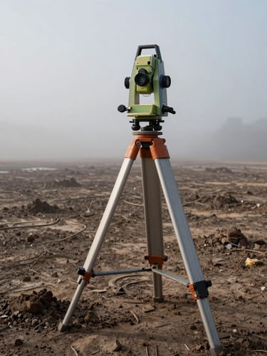 Surveying transit on a tripod in harsh morning mist on raw, graded dirt, high-contrast technical-industrial framing, showing topographical accuracy.