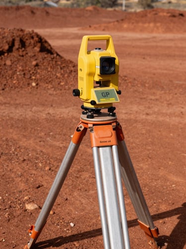 A yellow GPS-guided surveying transit mounted on a heavy metal tripod, set against raw graded red dirt under harsh high-noon sunlight.