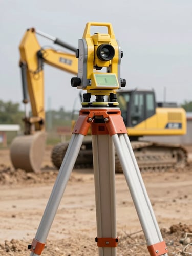High-noon wide shot of a modern surveying transit on a heavy tripod, yellow and steel construction equipment blurred in the background, dry earth topography.