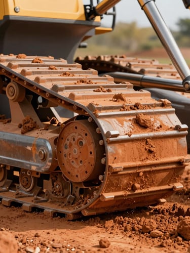 Macro shot of a GPS-guided bulldozer tread carving into raw orange clay, sharp details of dirt clods and metal treads, harsh morning light.
