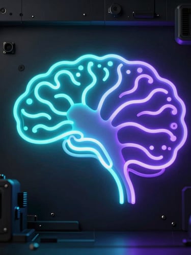 Macro shot of a clean, high-contrast conceptual diagram, low-key dramatic backlighting, neon self-illumination from glowing cyan and violet neural nodes, dark obsidian background, technical instrument panel aesthetic.