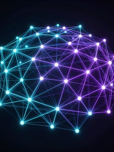Wide-angle abstract network visualization representing system-wide harmony, glowing neon-cyan and electric-violet data pathways connecting nodes, sharp technical details on a deep obsidian background.