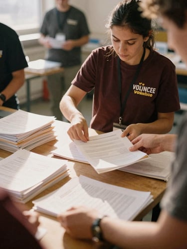 A volunteer meticulously organizing documents at a community center desk, natural light, warm editorial photography, 35mm film look, rich earthy tones.