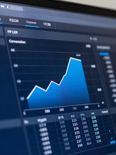 Macro shot of a high-contrast digital advertising dashboard showing conversion rate charts, cool overcast daylight, sharp cobalt blue and charcoal tones, detailed screen pixels visible.