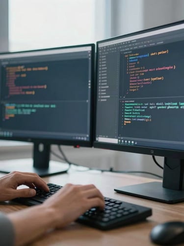 Close-up of a developer's hands coding on a dual-monitor setup, crisp studio light, cool tones, shallow depth of field, 35mm