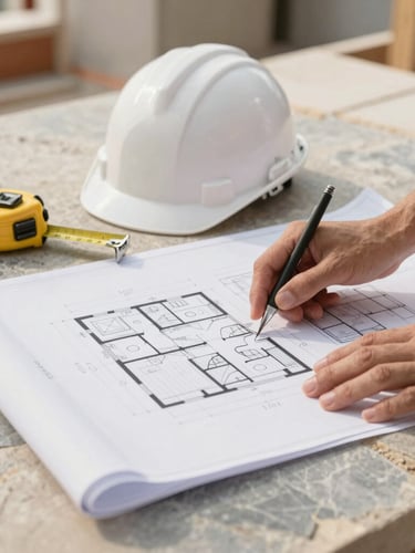 Architect's hands reviewing detailed architectural blueprints on a construction site, with a hard hat and measuring tape, soft natural daylight, warm limestone and slate tones, crisp details, high-end editorial style