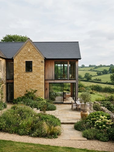 Striking architectural photograph of a modern Cotswold stone and timber extension, integrated seamlessly into a green landscape, soft natural daylight, wide environmental shot