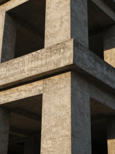 Tight architectural close-up of a massive concrete column joint in a commercial building under construction, raw concrete texture, dramatic sunlight casting geometric shadows, 35mm.