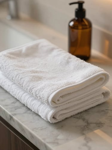 Close-up of neatly folded white linen towels on a polished marble countertop next to an amber glass soap bottle, warm morning light