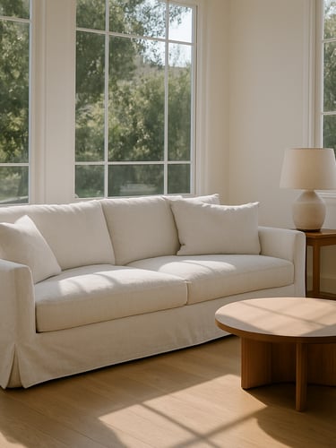 Architectural interior of a sunlit Southern California living room, pristine white linen sofa, natural light streaming through large windows, minimalist aesthetic, warm oak floors.