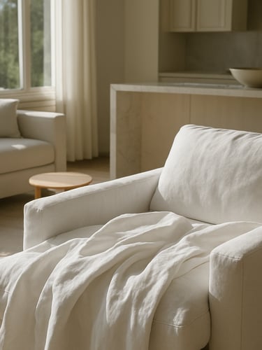 Sunlit Southern California living room post-clean, crisp white linen folds on a nearby lounge chair, gleaming marble countertop in the background, natural diffused daylight, wide architectural framing.