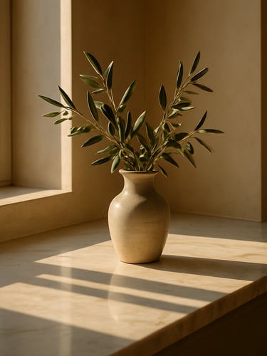 A close-up of a sunlit kitchen counter with a ceramic vase holding olive branches, soft morning light streaming across clean marble, warm sand tones, architectural framing.