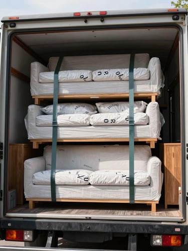 Close-up wide environmental shot from low angle, interior of an open moving truck cargo hold in bright daylight, neatly stacked wrapped furniture pieces secured with professional strapping belts, protective blankets visible on sofa panels and wooden cabinet corners, natural light streaming through the open rear door, organised loading with clear spacing between items