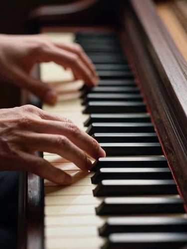Dramatic editorial photography of hands on harpsichord keys, high-contrast side-lighting, deep shadows, ivory and charcoal tones, shallow depth of field, 35mm.