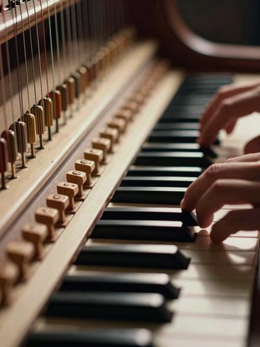 Macro close-up of hands playing harpsichord keys, focus on the intricate wooden jacks and brass strings, dramatic high-contrast side-lighting, deep shadows, warm ivory tones, 35mm.