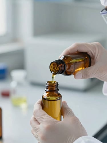 A clean laboratory technician in white protective gear carefully filling amber glass bottles with a golden botanical oil, diffused natural daylight, sterile clinical setting.