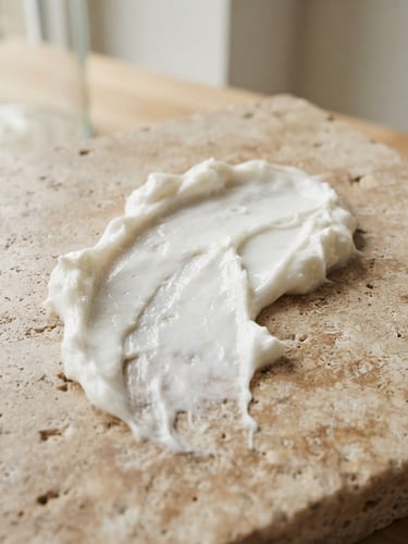 Macro texture shot of a thick, luxurious white cosmetic cream swatch on a warm travertine surface, soft natural daylight, minimalist laboratory setting.