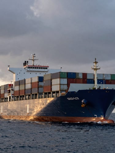 Extreme wide-angle shot of a massive container ship loaded with cargo in deep ocean water at dawn, dramatic overcast sky, low horizon.