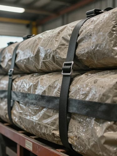 Close-up of high-tension cargo straps securing heavy freight inside a cargo hold, sharp industrial lighting