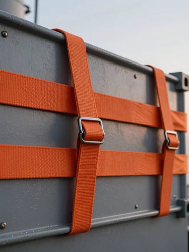 Tight, macro-detailed shot of heavy-duty orange cargo straps securing steel containers on a vessel, sharp overcast dawn light, high-contrast industrial textures.