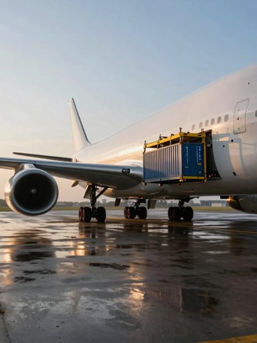 Wide panoramic wet tarmac at dawn, a massive cargo plane loading high-tech sorting containers, sharp high-contrast lighting, deep shadows.