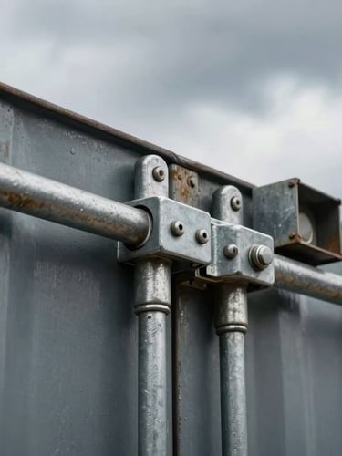 Extreme close-up of heavy-duty steel cargo container locking bars and security seals, industrial texture, dramatic overcast daylight, crisp focus.
