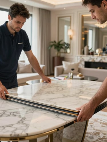 Close-up of professional movers in clean navy uniforms carefully wrapping an expensive marble tabletop with multi-layered protective edge guards inside a sunlit luxury apartment.