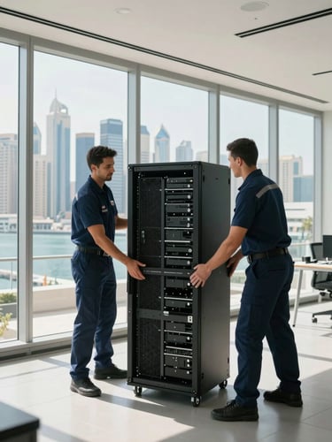 Wide-angle shot of professional movers in clean navy uniforms carefully wrapping a server rack inside a modern Dubai office, bright daylight through floor-to-ceiling windows showing the Dubai Marina skyline.